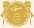 Drawing of Happy Ugadi. Hindu Indian Festival Ugadi or Gudi Padwa Wishes Vector Illustration