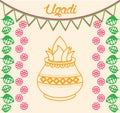 Drawing of Happy Ugadi. Hindu Indian Festival Ugadi or Gudi Padwa Wishes Vector Illustration