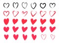 Drawing of hearts. Hearts with pencil strokes, brush or marker. Different heart shapes for love cards, promotional banners,