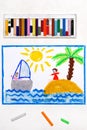 Drawing: holidays, girl resting on the island and boy on the boat Royalty Free Stock Photo
