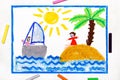 drawing: holidays, girl resting on the island and boy on the boat Royalty Free Stock Photo