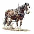 a drawing of a horse pulling a wagon with a man in it on a white background with a white background and a black and brown horse