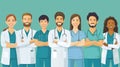 Drawing of hospital medical team - group of smiling doctors and nurses. Horizontal banner Royalty Free Stock Photo