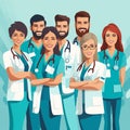 Drawing of hospital medical team - group of smiling doctors and nurses. Horizontal banner Royalty Free Stock Photo