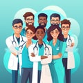 Drawing of hospital medical team - group of smiling doctors and nurses. Horizontal banner