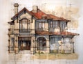 A Closeup Drawing of a House With Lots of Windows in Earth Tones
