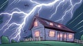 a drawing of a house in the middle of a storm