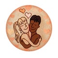 Couple in love.Drawing hugging lovers on textured paper. Multiethnic couple in love. Hug day, Valentine`s Day