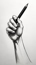 Drawing of a human hand with a pen on a gray background.Pencil in the hand of an artist on a white background. Royalty Free Stock Photo