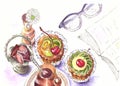 Drawing illustration of cupcakes muffins decorated with cream, cherries and kiwi pieces. Watercolor