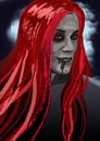 Drawing illustration of a portrait of a gloomy vampire with red hair on a dark background of dark sky Royalty Free Stock Photo