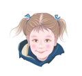 Drawing of imaginary little smiling girl. Cute happy child. Ink and crayon sketch. Hand-drawn style. Stylized female portrait. Royalty Free Stock Photo