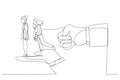 Drawing of index finger overturns row of businesswoman standing on big hands. Metaphor for dismissal, unemployment, layoffs.