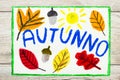 Drawing: Italian word Autumn, orange leaves and acorn