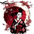 Drawing of a Japanese girl in a kimono with an umbrella on a background of sakura. For your design