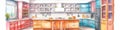 A drawing of a kitchen with blue and orange cabinets. AI generative image Royalty Free Stock Photo