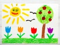 Drawing: landscape with apple tree, tulip flowers an happy sun Royalty Free Stock Photo