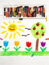 drawing: landscape with apple tree, tulip flowers an happy sun Royalty Free Stock Photo