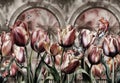 drawing landscape pattern of tulip flowers with buds with butterflies and bird with arch pink background