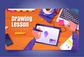 Drawing lesson banner with designer workplace