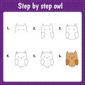Drawing lesson for children. How draw owl. Step by step repeats the picture. Kids activity art Royalty Free Stock Photo