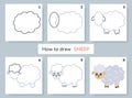 Drawing lesson for kids. How to draw sheep. Royalty Free Stock Photo