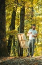 Drawing from life. Painter artist forest. Art concept. Painting in nature. Start new picture. Painter with easel and Royalty Free Stock Photo