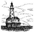 Drawing lighthouse on the island, hand-drawn illustration