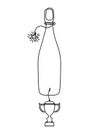 Drawing line bottle of champagne or wine with trophy on the white