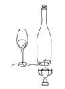 Drawing line bottle of champagne or wine with trophy on the white
