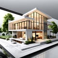 drawing lines of a 3D render house on a white background - architectural vision for building a home