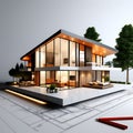 drawing lines of a 3D render house on a white background - architectural vision for building a home Royalty Free Stock Photo