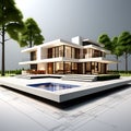 drawing lines of a 3D render house on a white background - architectural vision for building a home