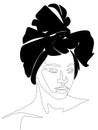 Drawing in the lines of the female image of a mulatto woman in a scarf or towel. Spa facilities. Hair salon for women