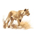 a drawing of a lion standing in a field of dry grass and looking at the camera with a white background and a white background Royalty Free Stock Photo