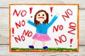 drawing: Little girl screaming the word NO