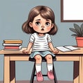 a drawing of a little girl sitting on a table, her expression annoyed, cute illustration.