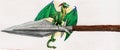 Little green dragon perched on the spear blade