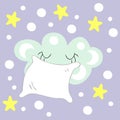 Drawing of a little sleepy cloud with a pillow. Cartoon style.