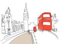 Drawing of London Tower street with red bus and Big Ben