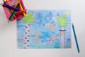 Drawing made by a child. Spring, birds, trees. Color pencils in Royalty Free Stock Photo