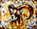 Drawing of male wild sheep with mighty horns, fractal effect.