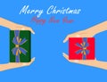 Drawing of man hands holding red gift box and decorated with blue and golden satin bow in the hand Royalty Free Stock Photo