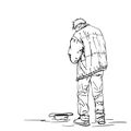 Drawing of man old beggar is begging with hat on ground. Hand drawn linear illustration Vector sketch.