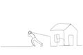 Drawing of man pulled heavy houses. Single continuous line art Royalty Free Stock Photo