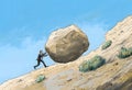 drawing of a man pushing a large rock up a hill