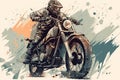 a drawing of a man riding a motorcycle on a paint splattered background with a splash of paint on the side of the bike Royalty Free Stock Photo