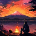 A drawing of man sits in front of bonfire with view of mountain in the background