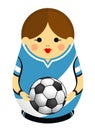 Drawing of a Matryoshka with colors of the flag of Argentina holding a soccer ball in her hands. Russian nesting doll in blue