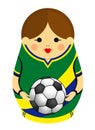 Drawing of a Matryoshka with colors of the flag of Brazil holding a soccer ball in her hands. Russian nesting doll in green, blue
